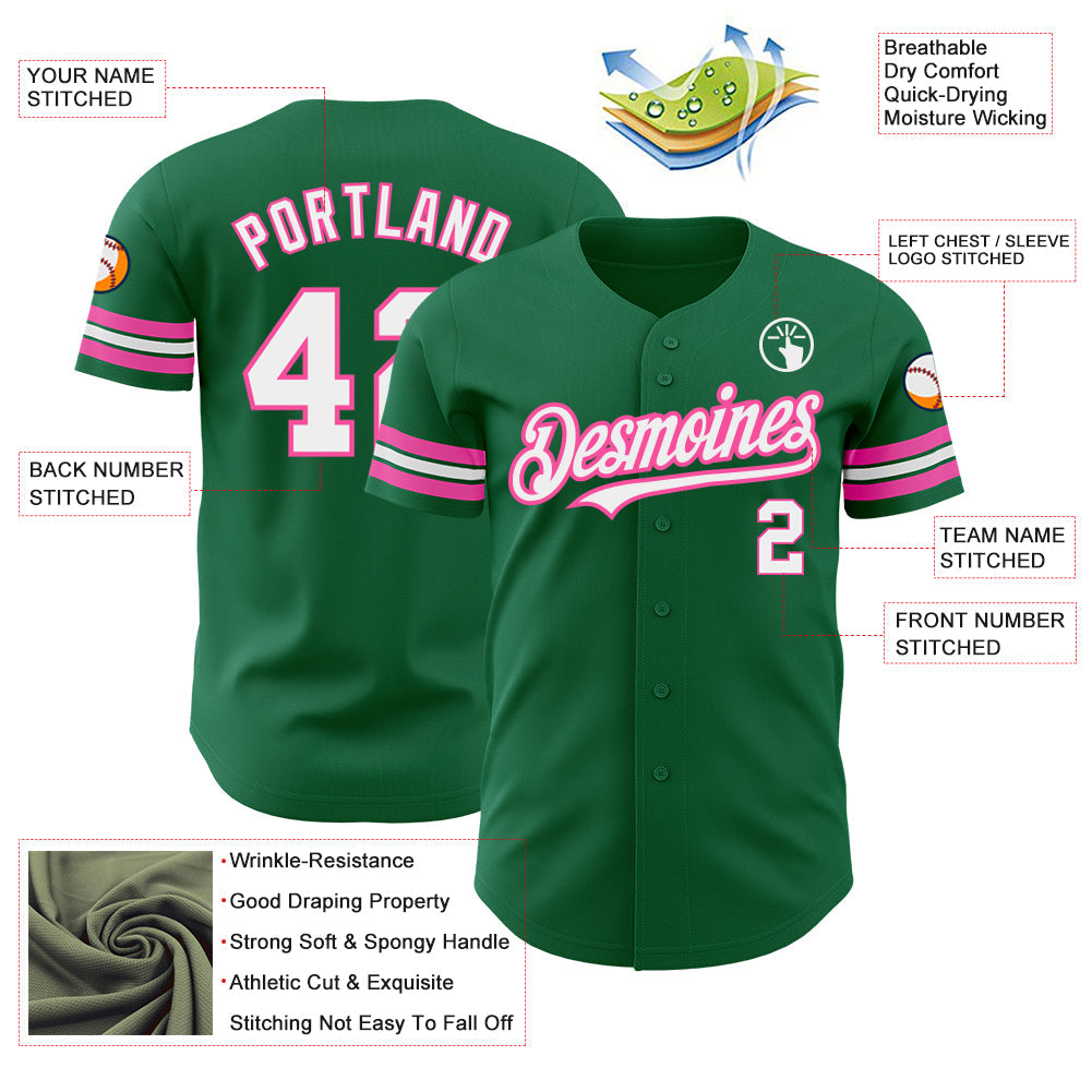 Custom Kelly Green White-Pink Authentic Baseball Jersey view 3