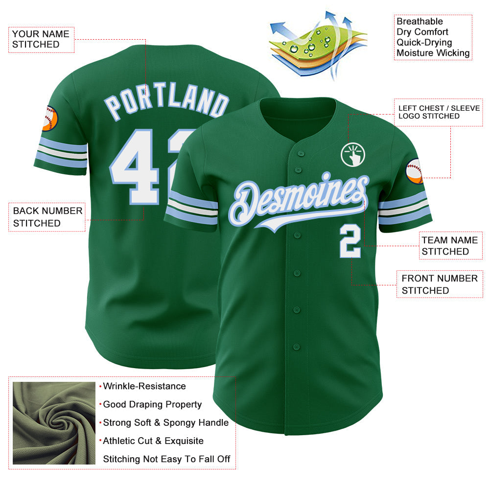Custom Kelly Green White-Light Blue Authentic Baseball Jersey view 3