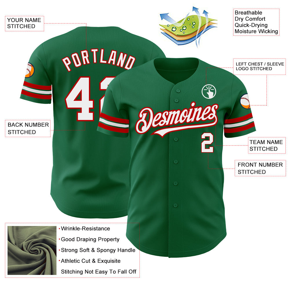 Custom Kelly Green White-Red Authentic Baseball Jersey view 3