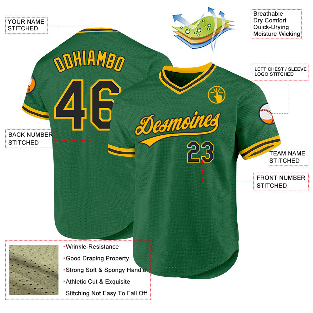 Custom Kelly Green Black-Gold Authentic Throwback Baseball Jersey view 3