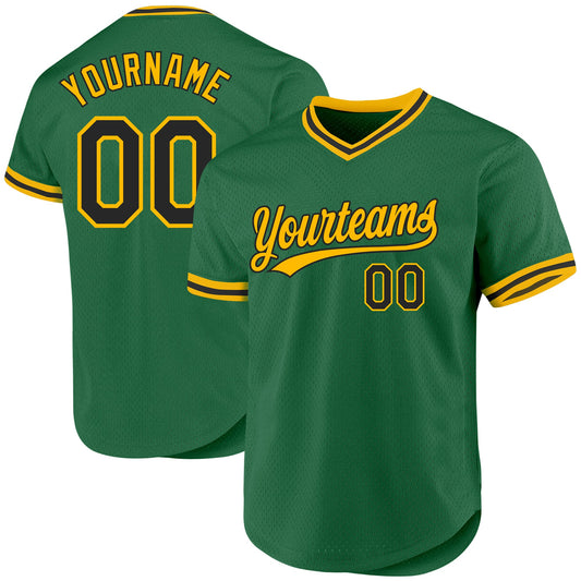 Custom Kelly Green Black-Gold Authentic Throwback Baseball Jersey - Main View