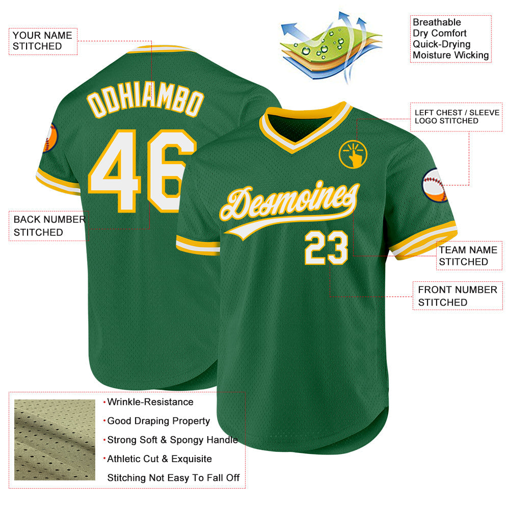 Custom Kelly Green White-Gold Authentic Throwback Baseball Jersey view 3