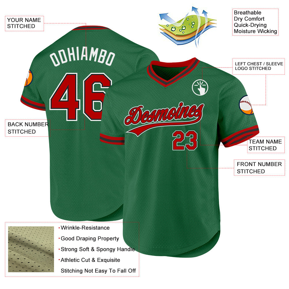 Custom Kelly Green Red-Black Authentic Throwback Baseball Jersey view 3