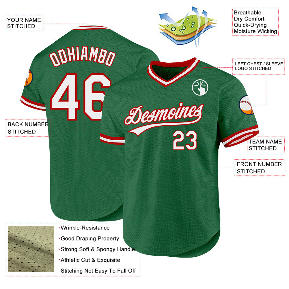Custom Kelly Green White-Red Authentic Throwback Baseball Jersey view 3