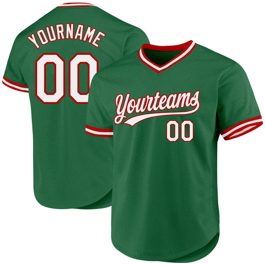 Custom Kelly Green White-Red Authentic Throwback Baseball Jersey - Main View