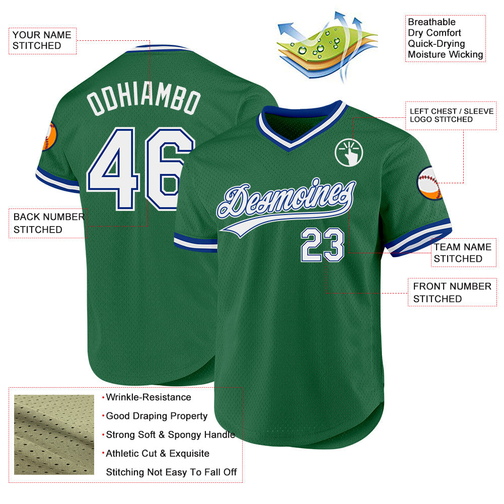 Custom Kelly Green White-Royal Authentic Throwback Baseball Jersey view 3