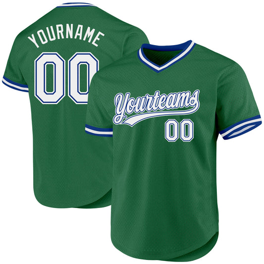 Custom Kelly Green White-Royal Authentic Throwback Baseball Jersey - Main View