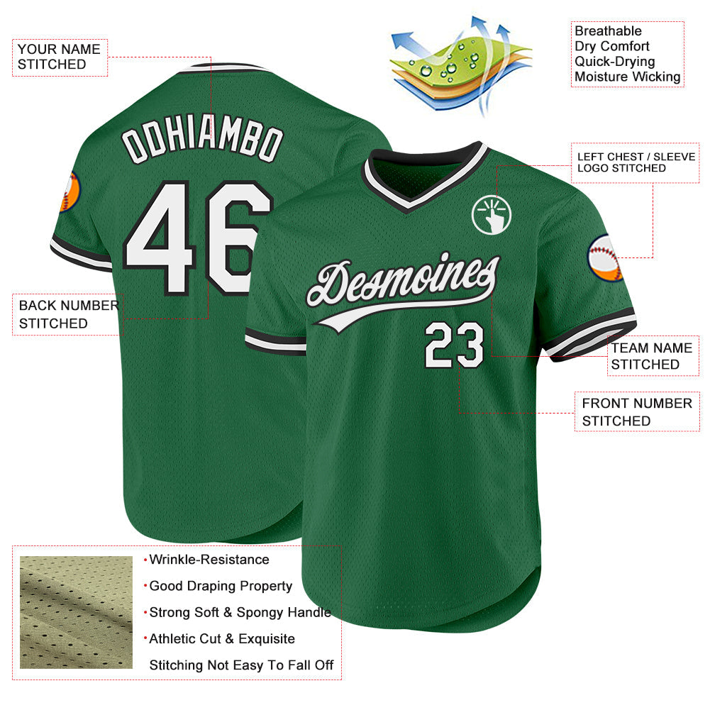 Custom Kelly Green White-Black Authentic Throwback Baseball Jersey view 3