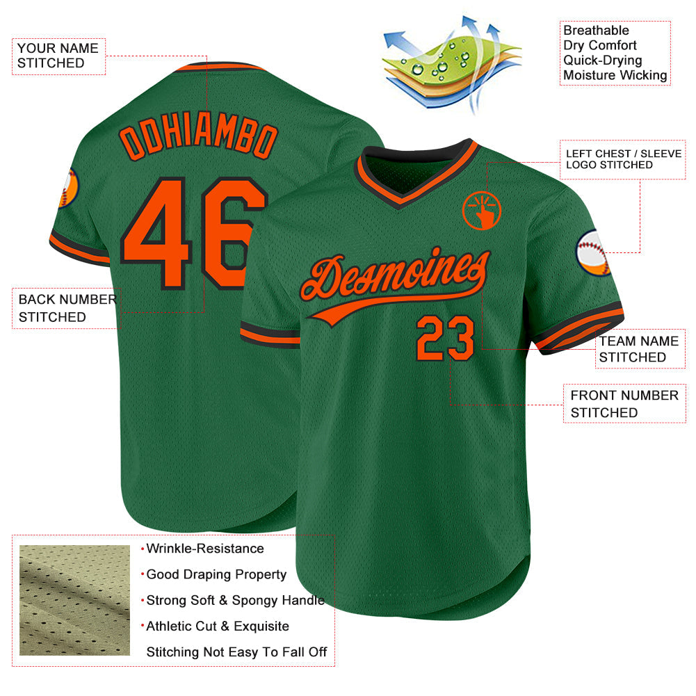 Custom Kelly Green Orange-Black Authentic Throwback Baseball Jersey view 3