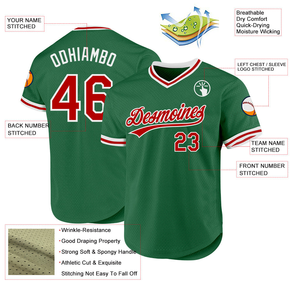 Custom Kelly Green Red-White Authentic Throwback Baseball Jersey view 3