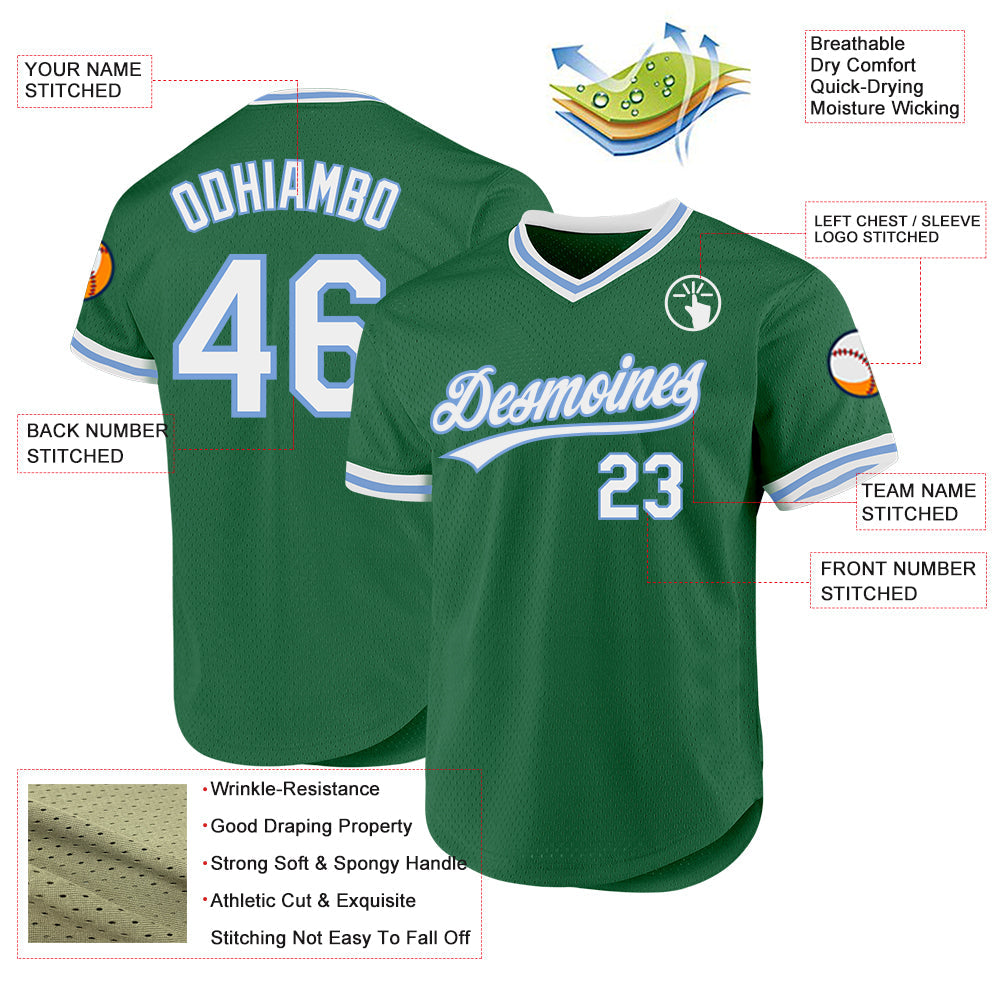 Custom Kelly Green White-Light Blue Authentic Throwback Baseball Jersey view 3