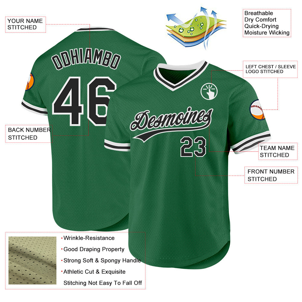 Custom Kelly Green Black-White Authentic Throwback Baseball Jersey view 3