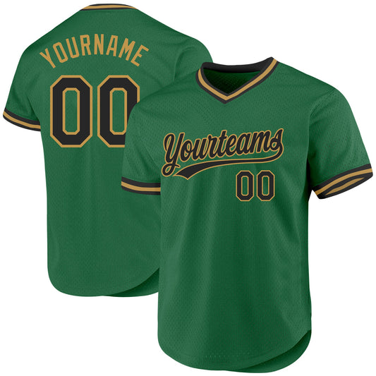 Custom Kelly Green Black-Old Gold Authentic Throwback Baseball Jersey - Main View