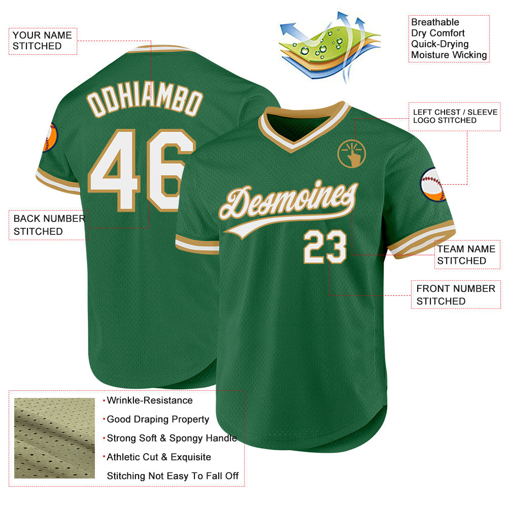 Custom Kelly Green White-Old Gold Authentic Throwback Baseball Jersey view 3