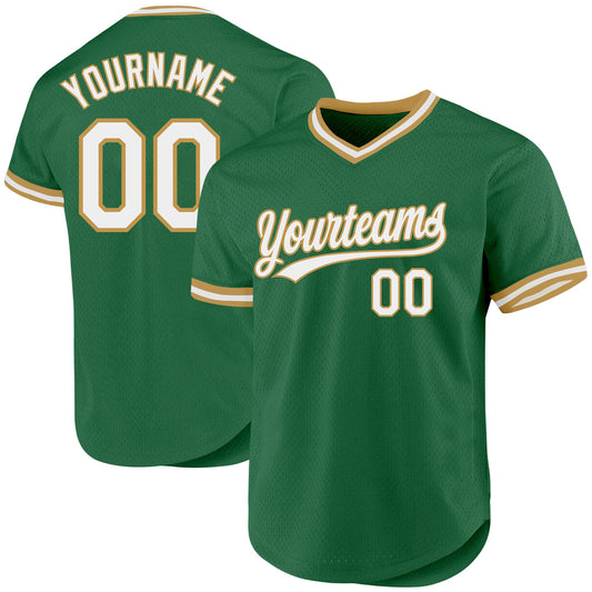 Custom Kelly Green White-Old Gold Authentic Throwback Baseball Jersey - Main View