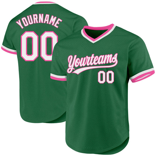 Custom Kelly Green White-Pink Authentic Throwback Baseball Jersey - Main View