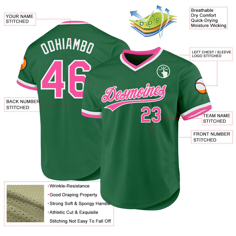 Custom Kelly Green Pink-White Authentic Throwback Baseball Jersey view 3
