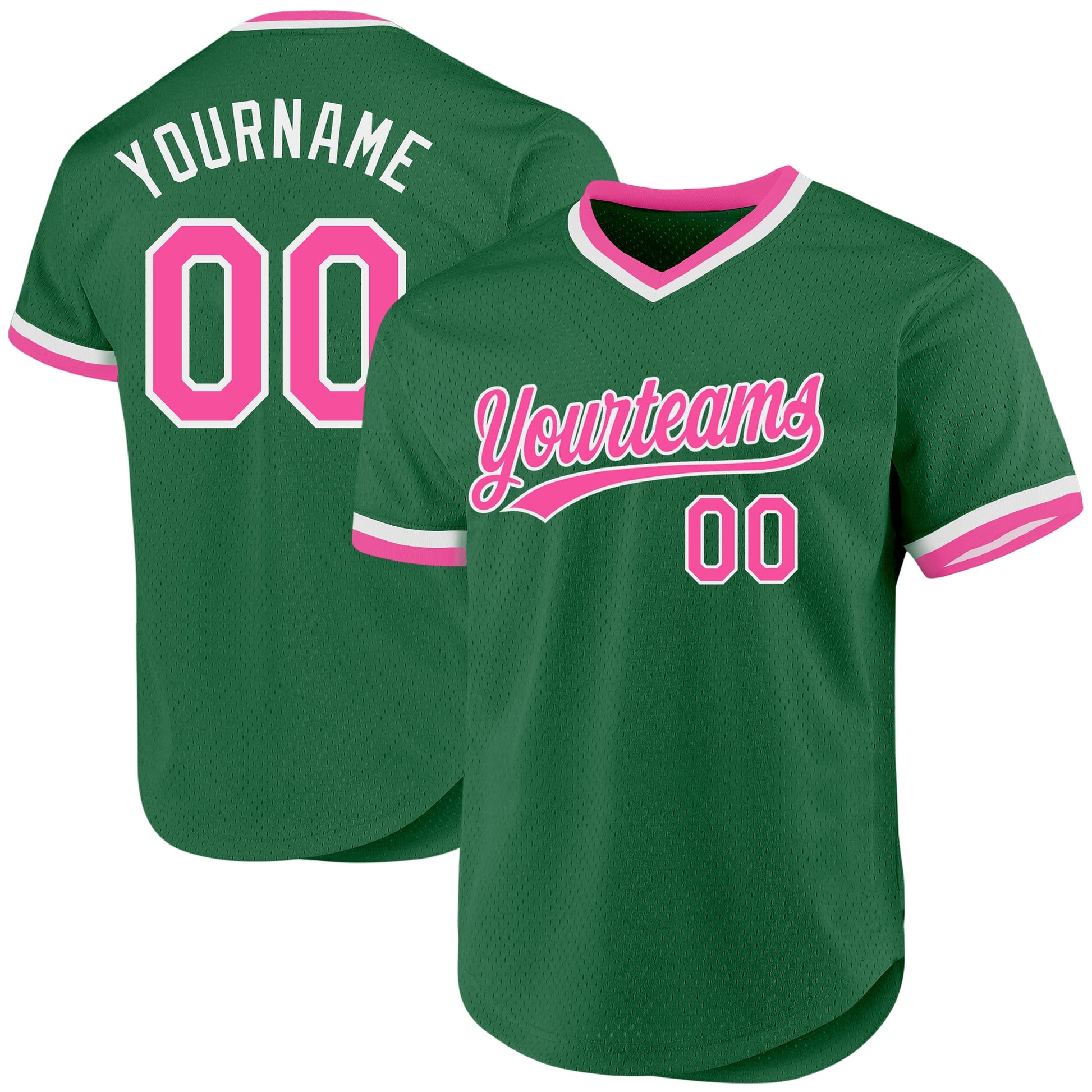 Custom Kelly Green Pink-White Authentic Throwback Baseball Jersey - Main View