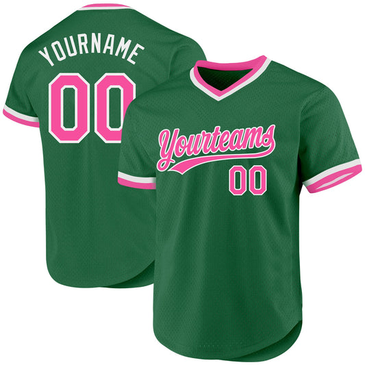 Custom Kelly Green Pink-White Authentic Throwback Baseball Jersey - Main View