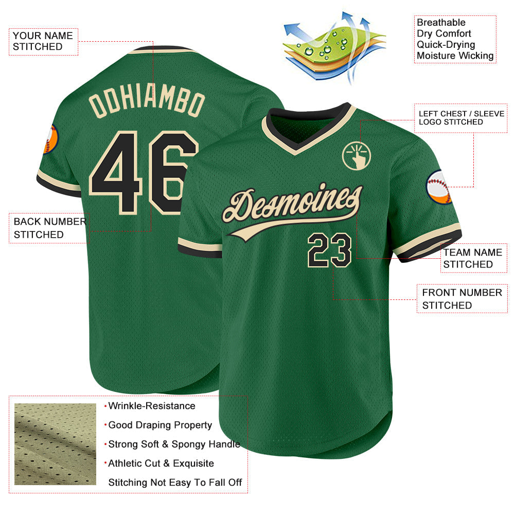 Custom Kelly Green Black-Cream Authentic Throwback Baseball Jersey view 3