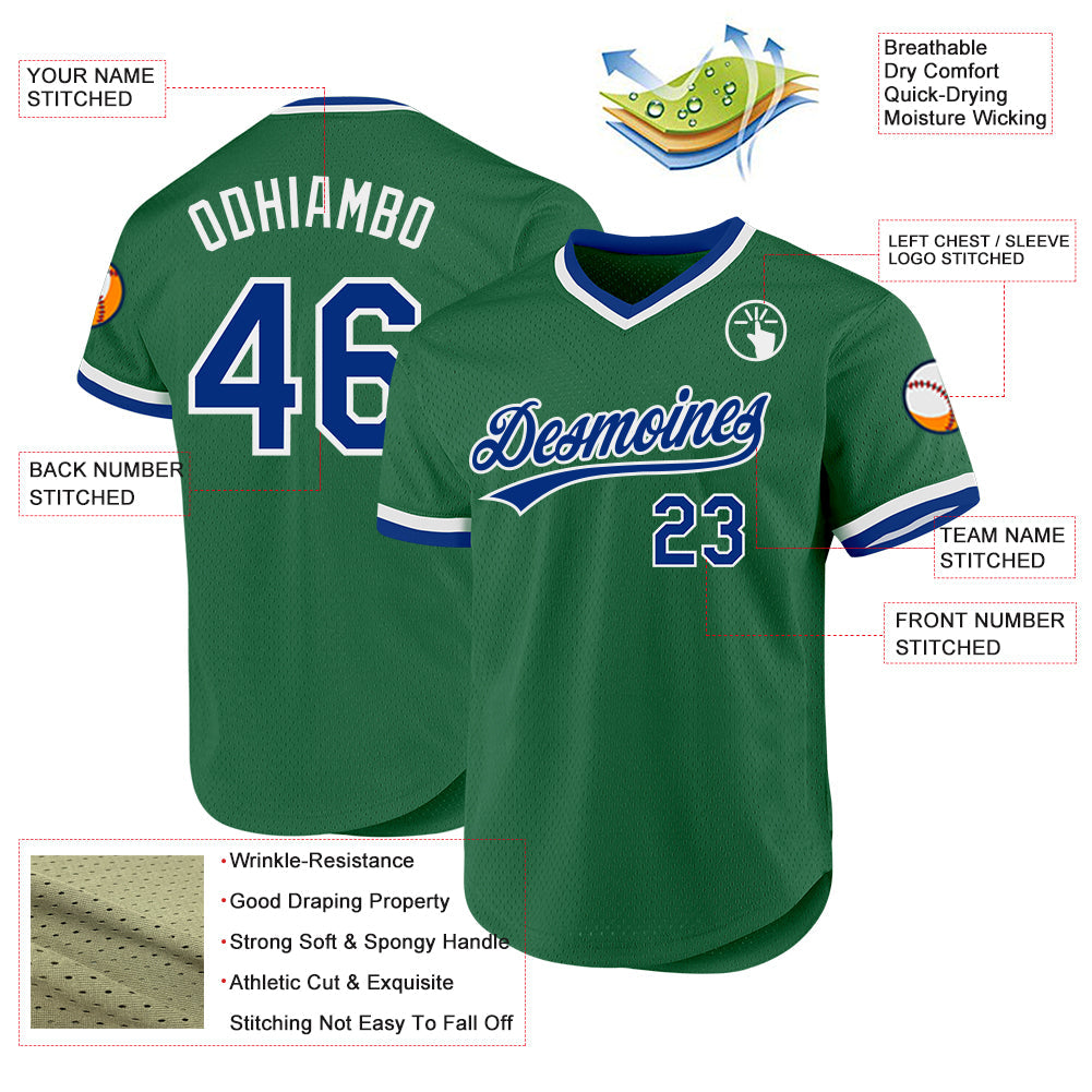 Custom Kelly Green Royal-White Authentic Throwback Baseball Jersey view 3