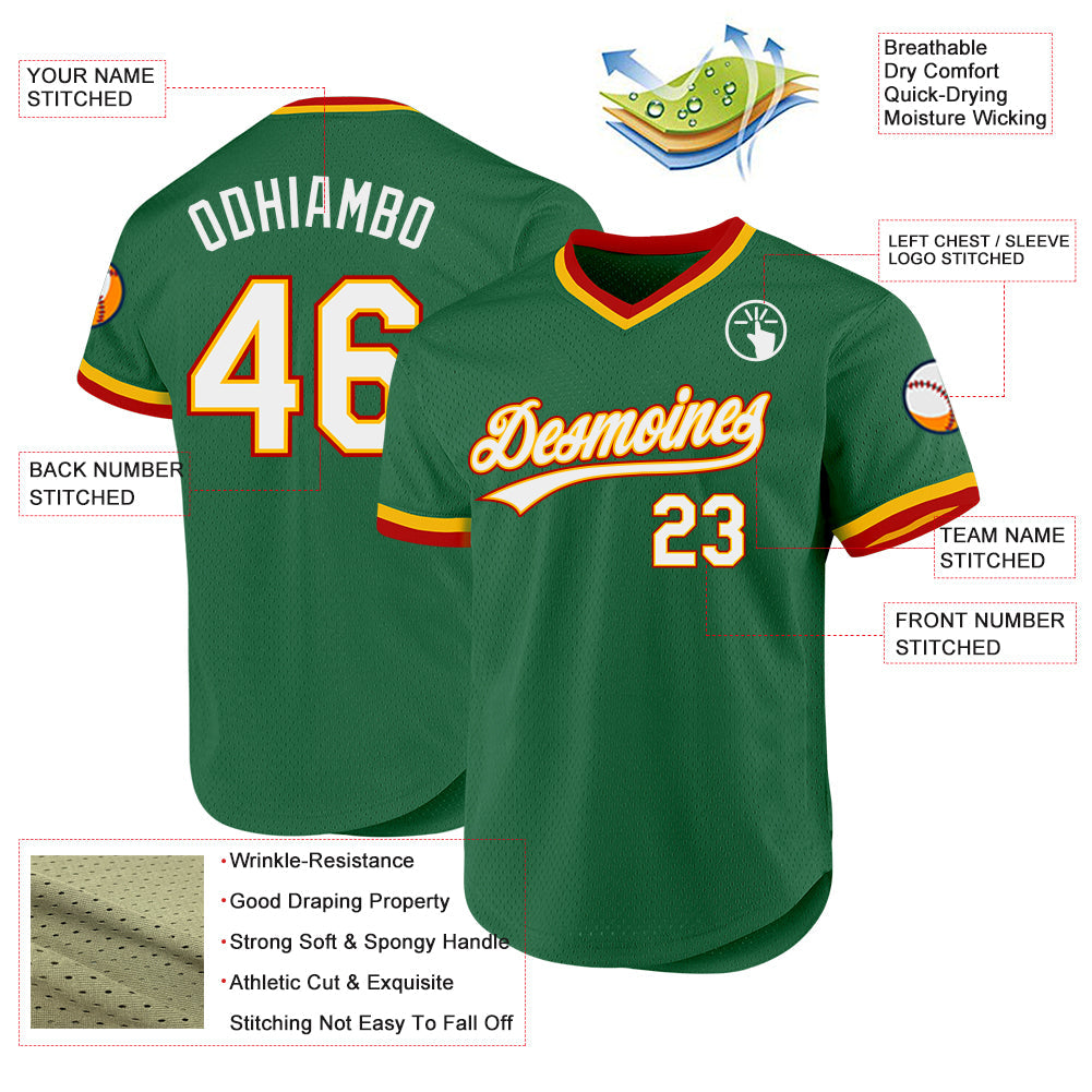 Custom Kelly Green Gold-Red Authentic Throwback Baseball Jersey view 3