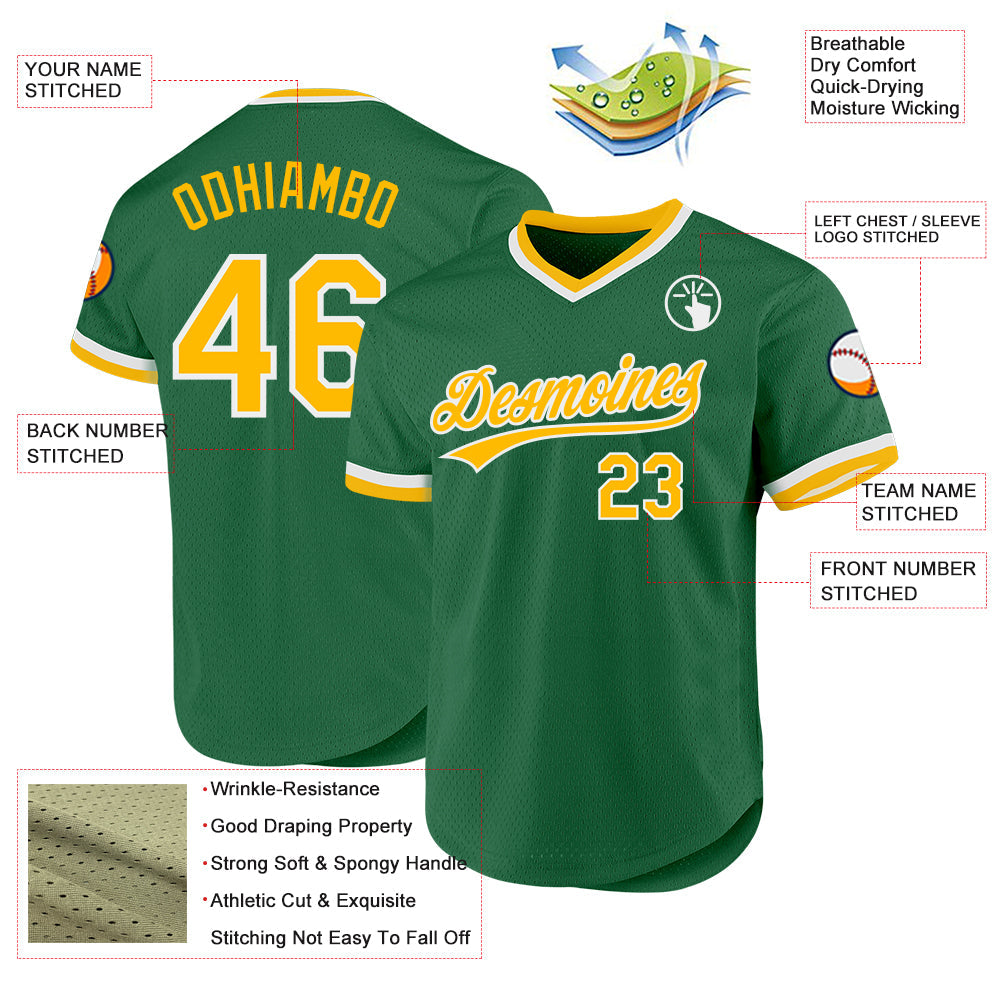 Custom Kelly Green Gold-White Authentic Throwback Baseball Jersey view 3
