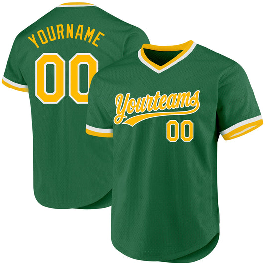 Custom Kelly Green Gold-White Authentic Throwback Baseball Jersey - Main View