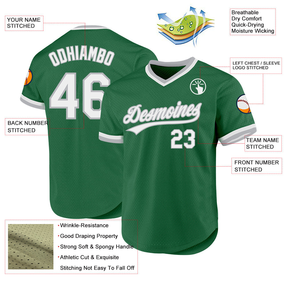 Custom Kelly Green White-Gray Authentic Throwback Baseball Jersey view 3