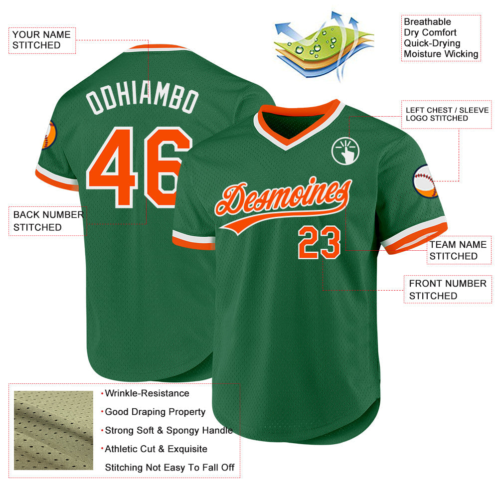 Custom Kelly Green Orange-White Authentic Throwback Baseball Jersey view 3