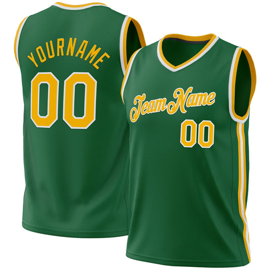 Custom Kelly Green Gold-White Authentic Throwback Basketball Jersey - Main View