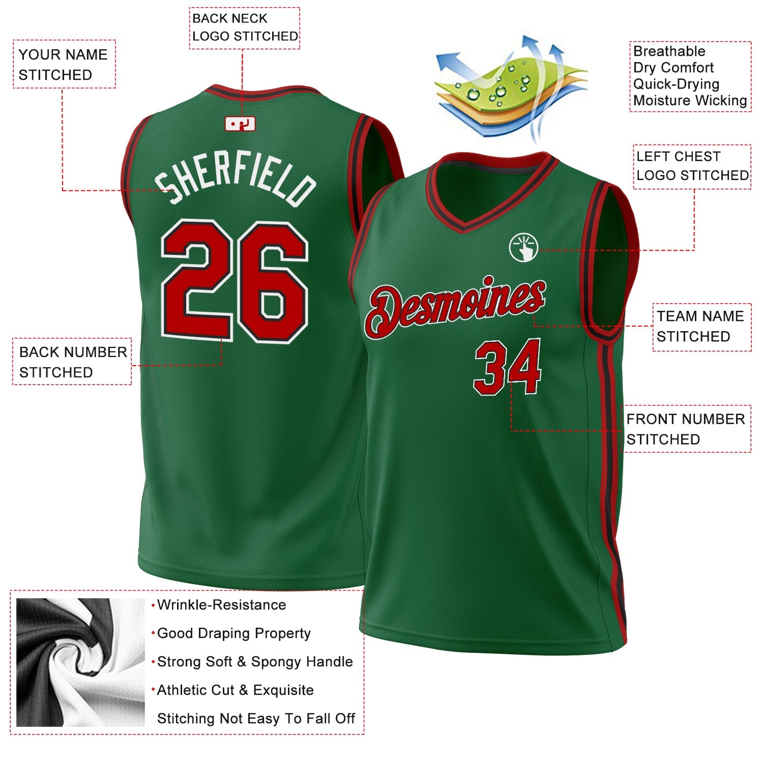 Custom Kelly Green Red-Black Authentic Throwback Basketball Jersey view 3
