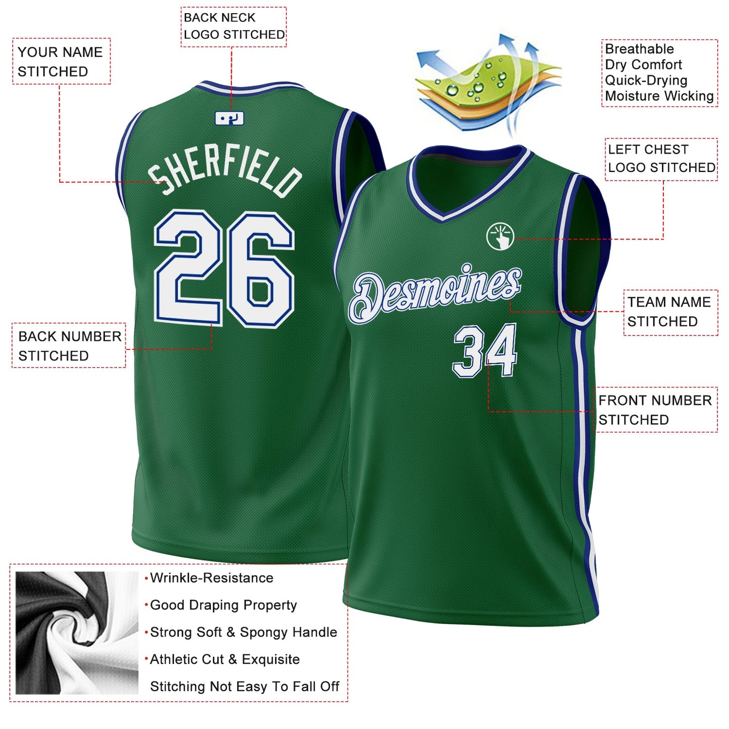 Custom Kelly Green White-Royal Authentic Throwback Basketball Jersey view 3