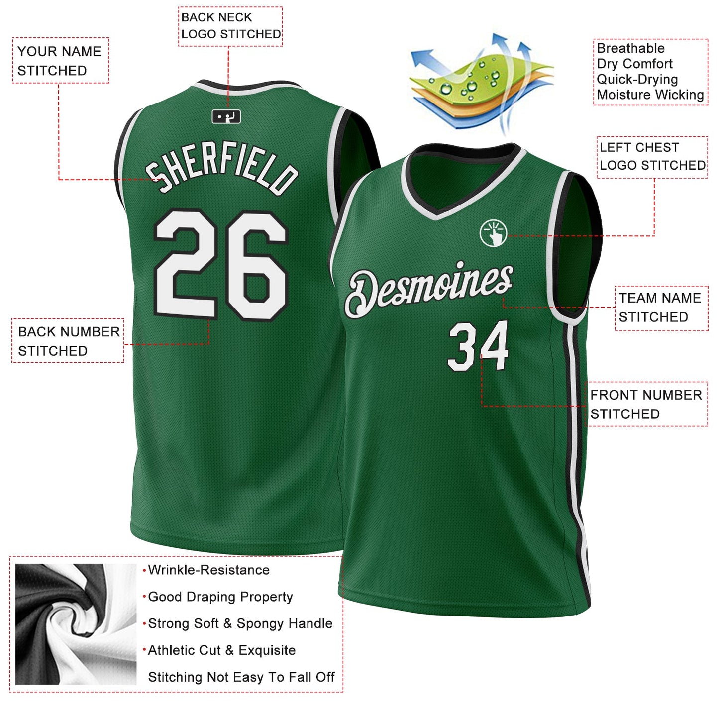 Custom Kelly Green White-Black Authentic Throwback Basketball Jersey view 3