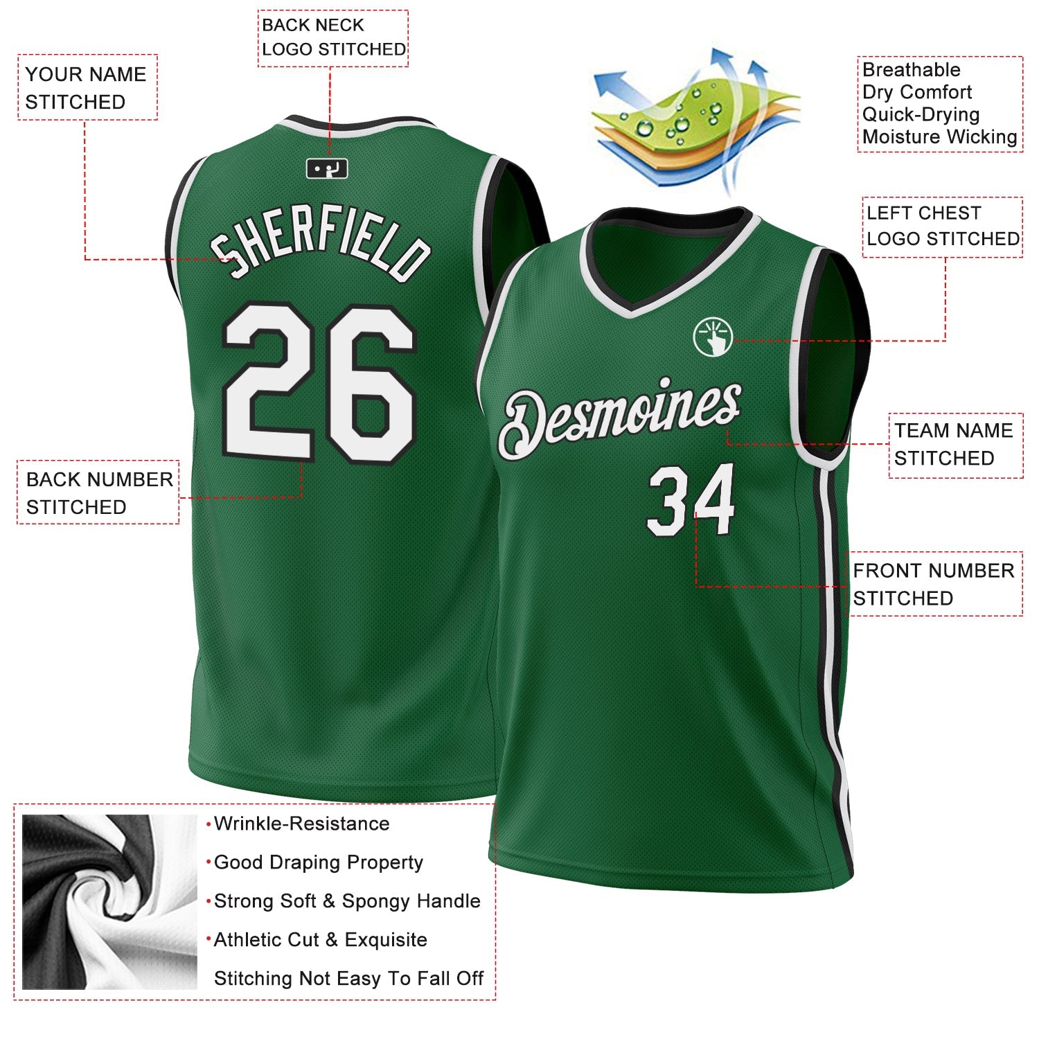 Custom Kelly Green White-Black Authentic Throwback Basketball Jersey view 3