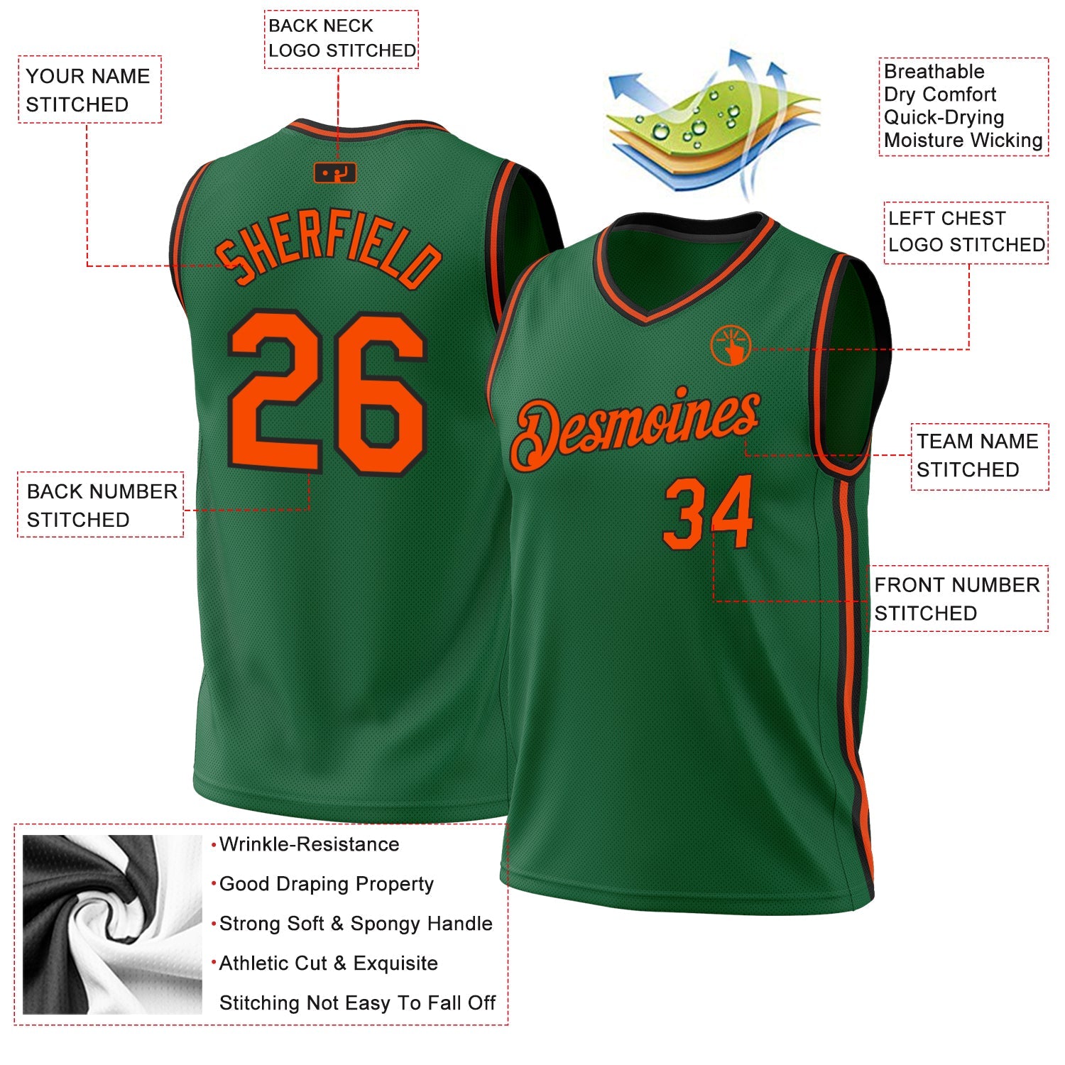 Custom Kelly Green Orange-Black Authentic Throwback Basketball Jersey view 3
