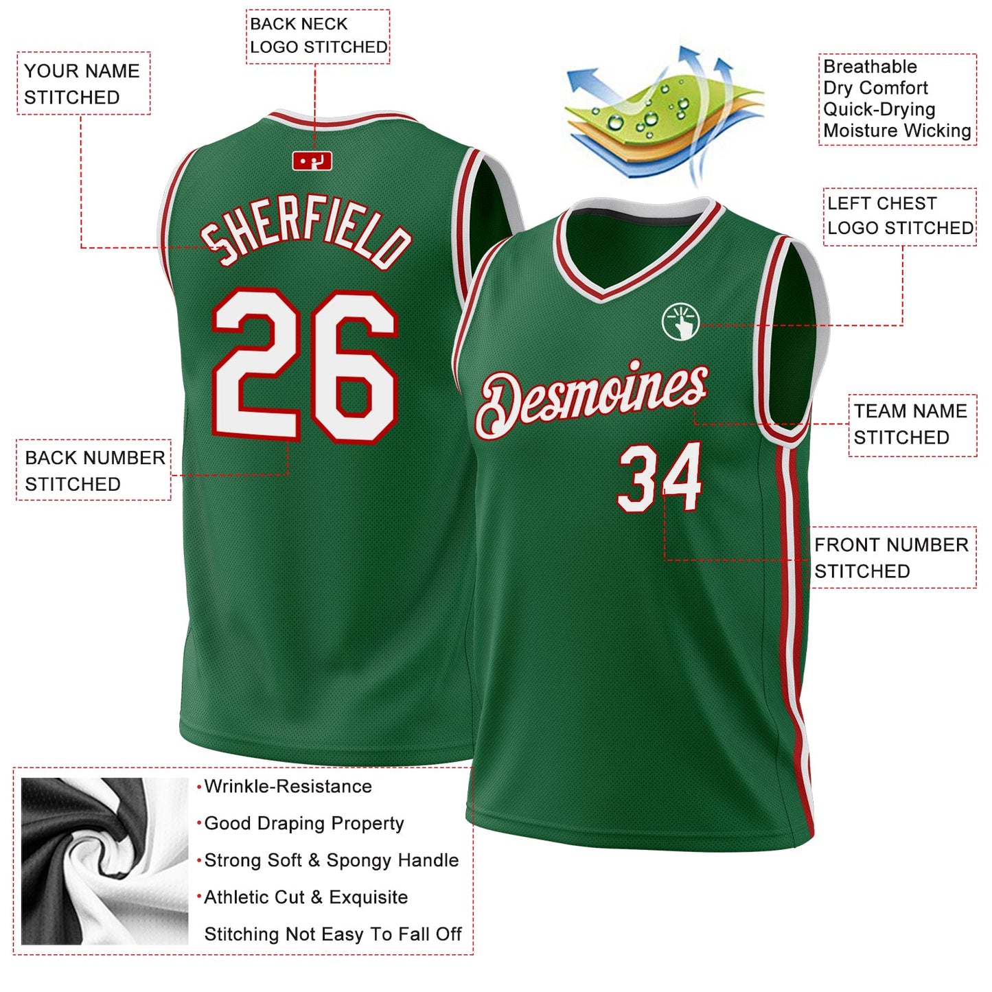 Custom Kelly Green White-Red Authentic Throwback Basketball Jersey view 3