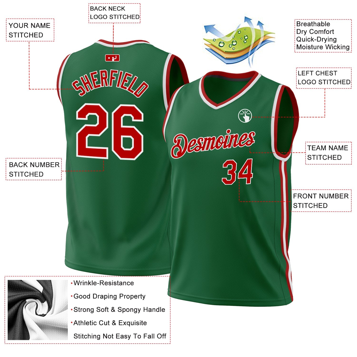 Custom Kelly Green Red-White Authentic Throwback Basketball Jersey view 3