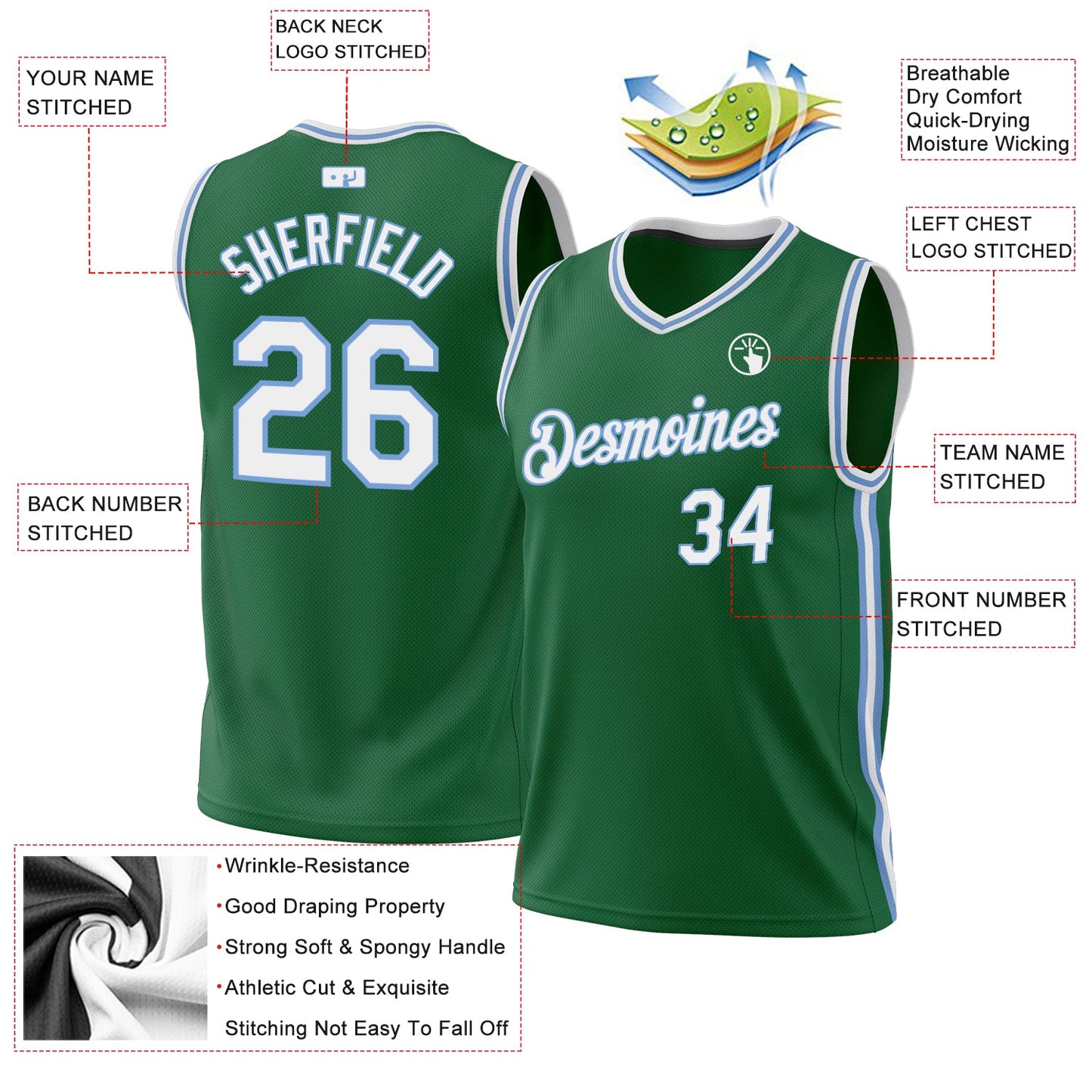 Custom Kelly Green White-Light Blue Authentic Throwback Basketball Jersey view 3