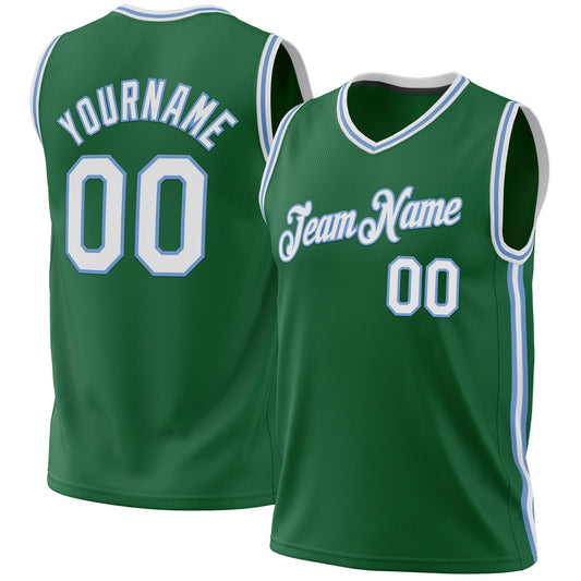 Custom Kelly Green White-Light Blue Authentic Throwback Basketball Jersey - Main View