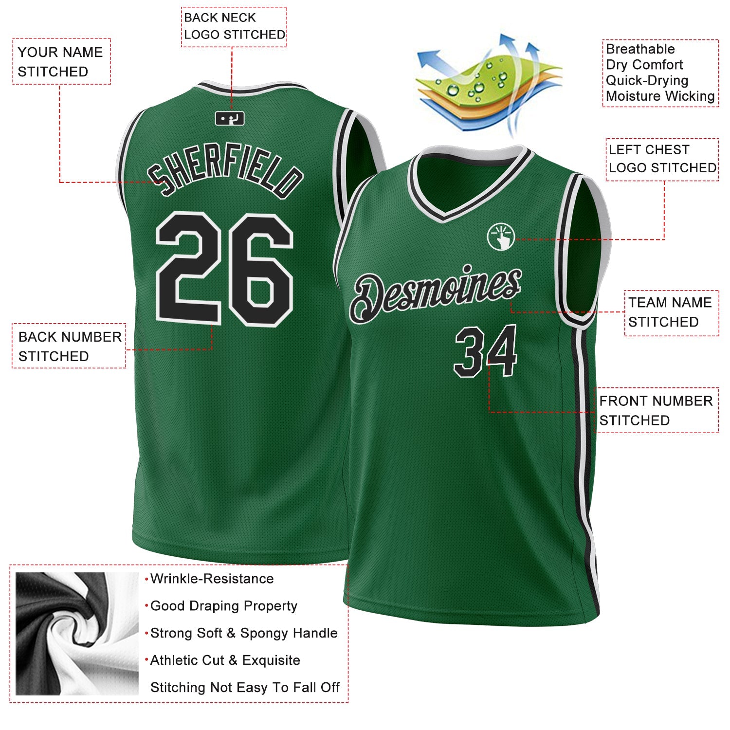 Custom Kelly Green Black-White Authentic Throwback Basketball Jersey view 3