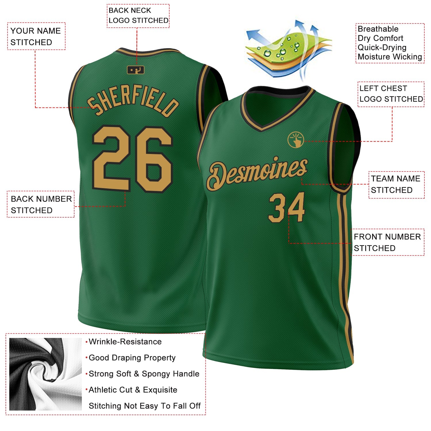 Custom Kelly Green Old Gold-Black Authentic Throwback Basketball Jersey view 3