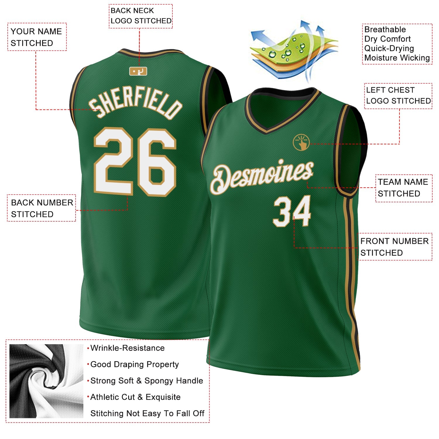 Custom Kelly Green Old Gold-Black Authentic Throwback Basketball Jersey view 3