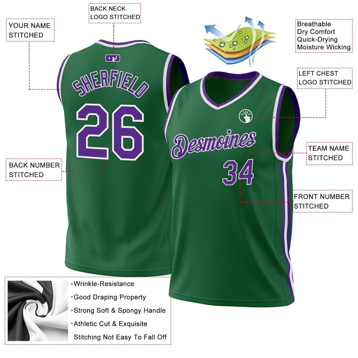 Custom Kelly Green Purple-White Authentic Throwback Basketball Jersey view 3