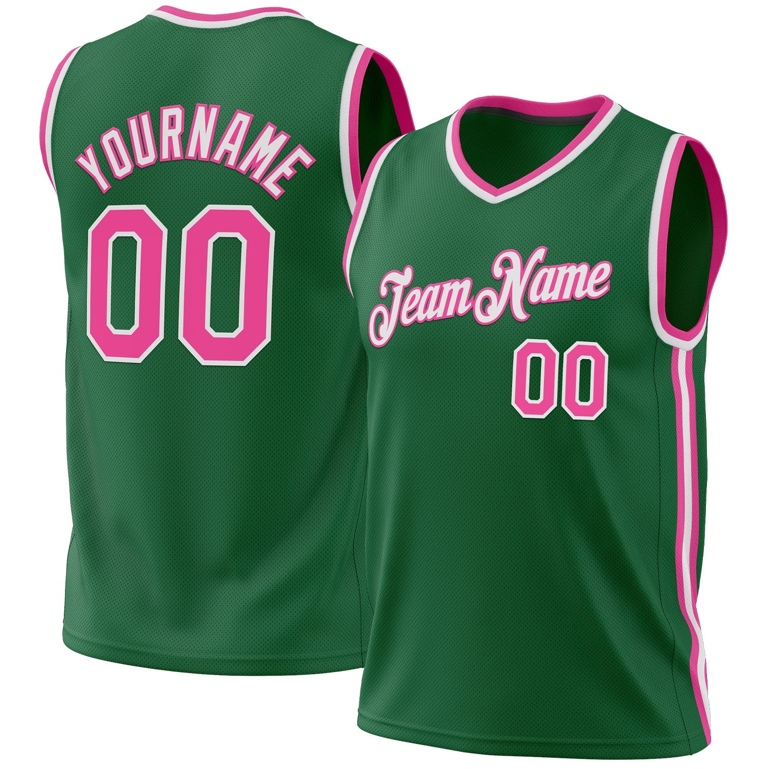 Custom Kelly Green Pink-White Authentic Throwback Basketball Jersey - Main View
