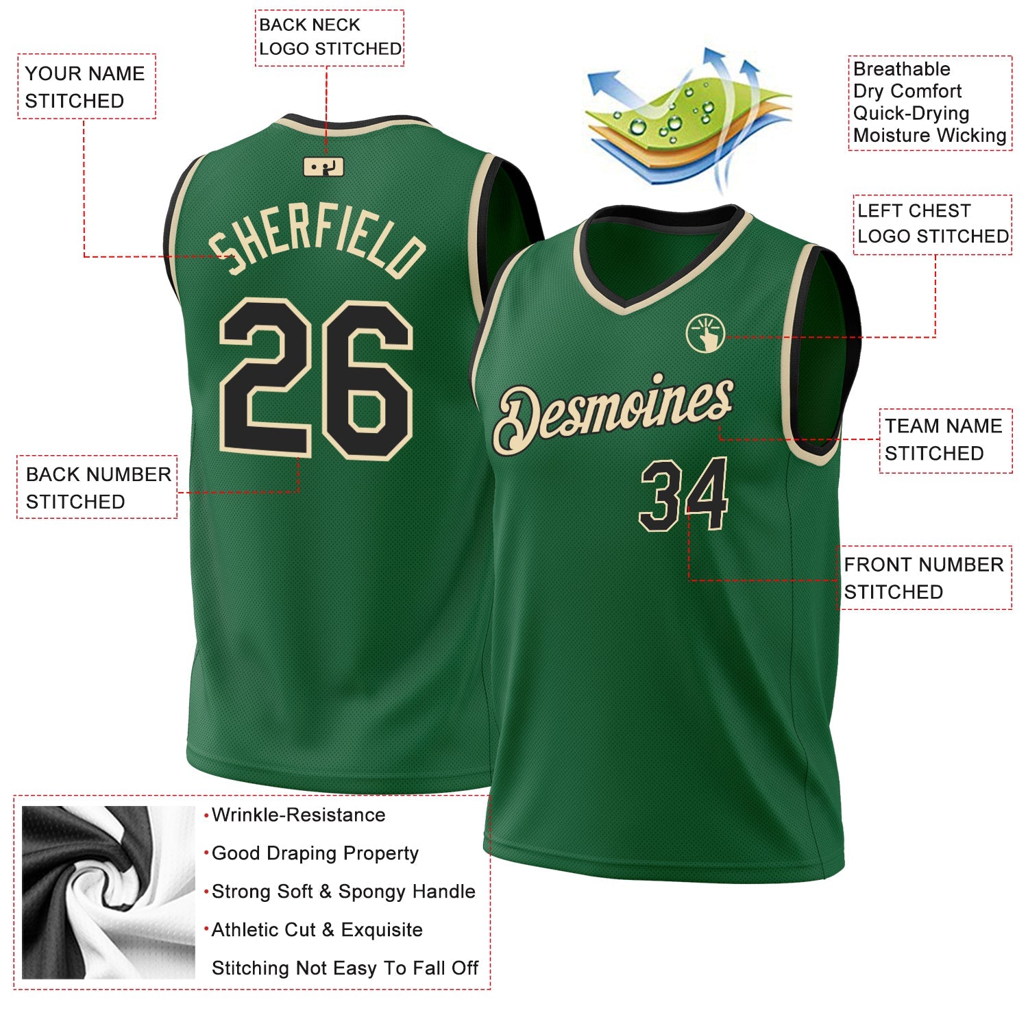 Custom Kelly Green Black-Cream Authentic Throwback Basketball Jersey view 3