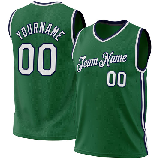 Custom Kelly Green White-Navy Authentic Throwback Basketball Jersey - Main View