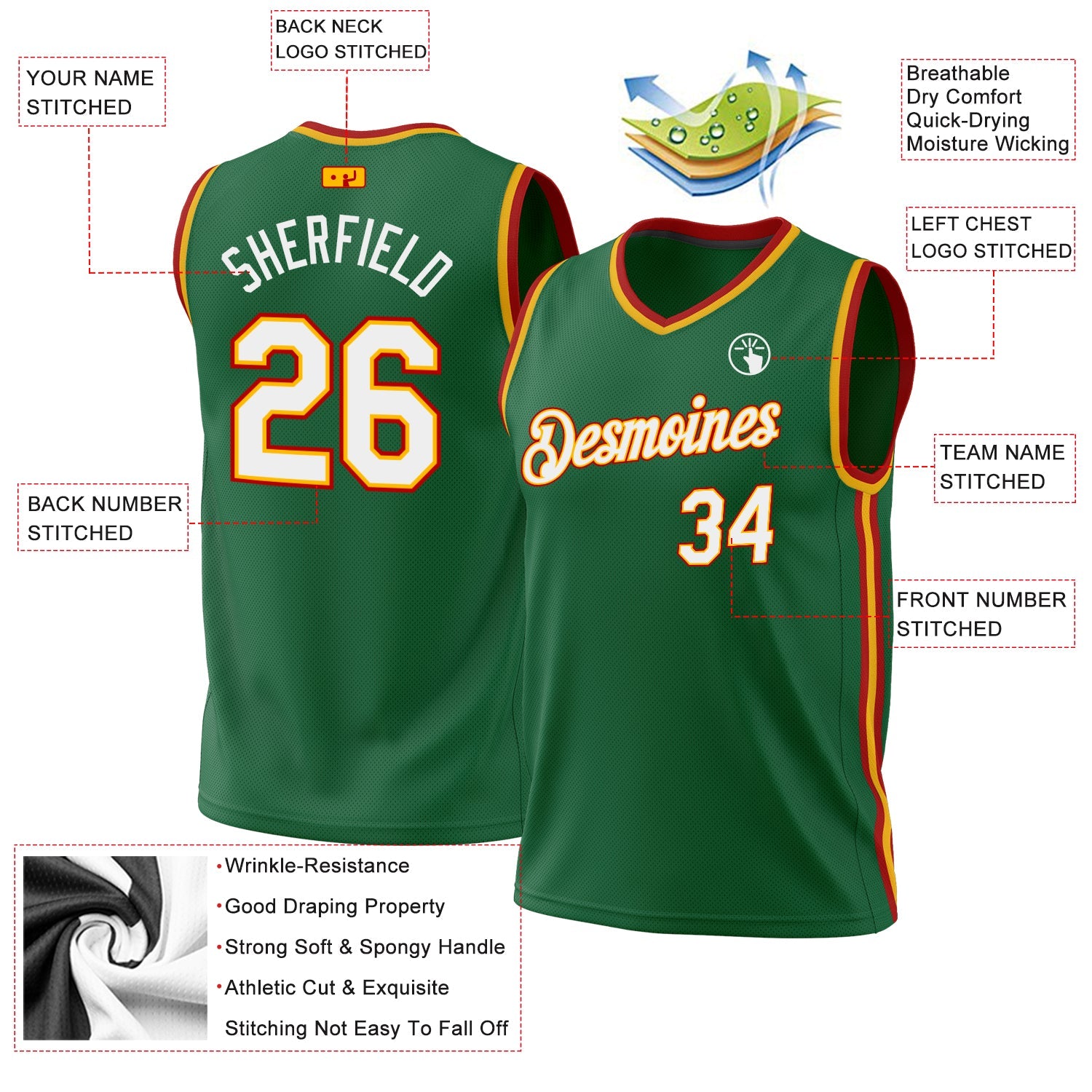 Custom Kelly Green Gold-Red Authentic Throwback Basketball Jersey view 3