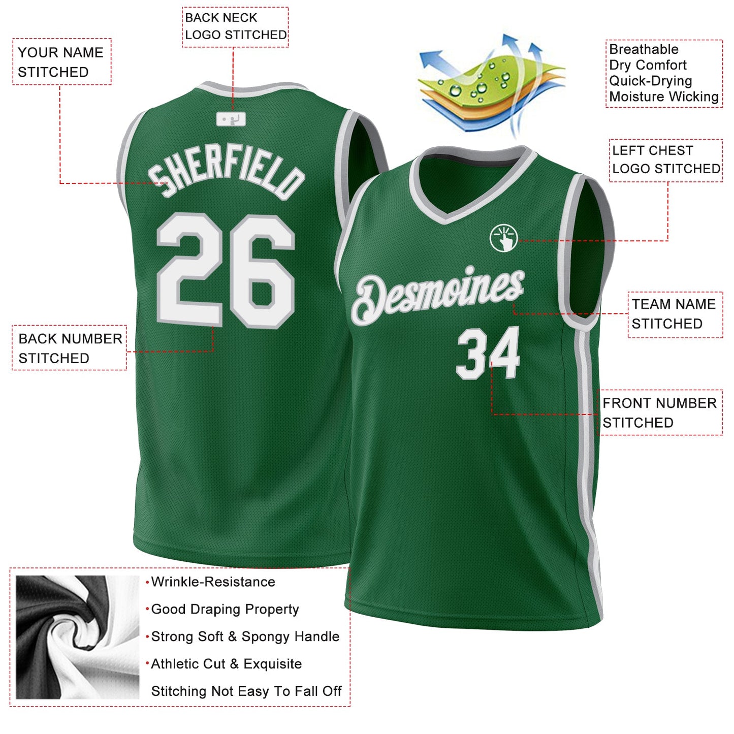Custom Kelly Green White-Gray Authentic Throwback Basketball Jersey view 3