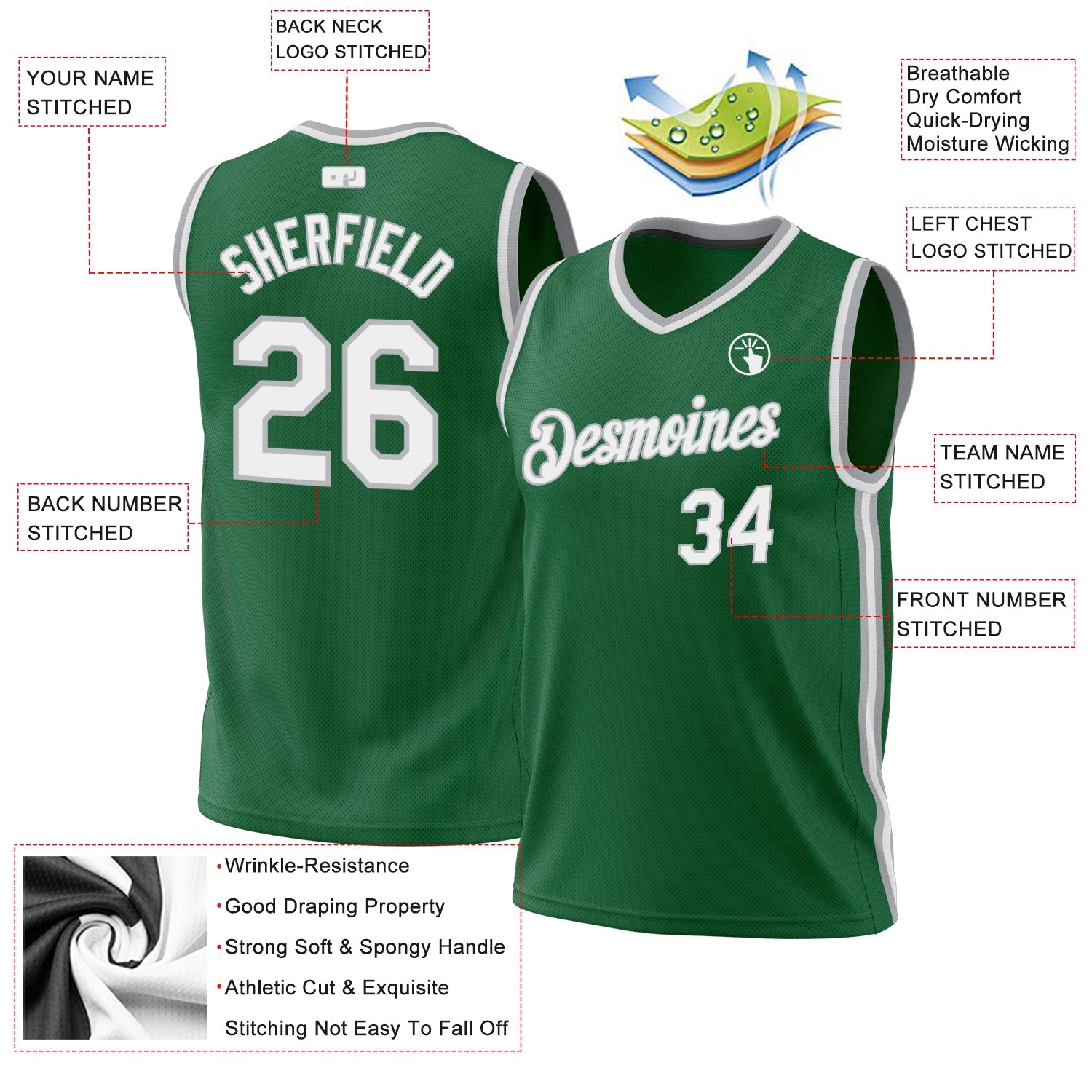 Custom Kelly Green White-Gray Authentic Throwback Basketball Jersey view 3